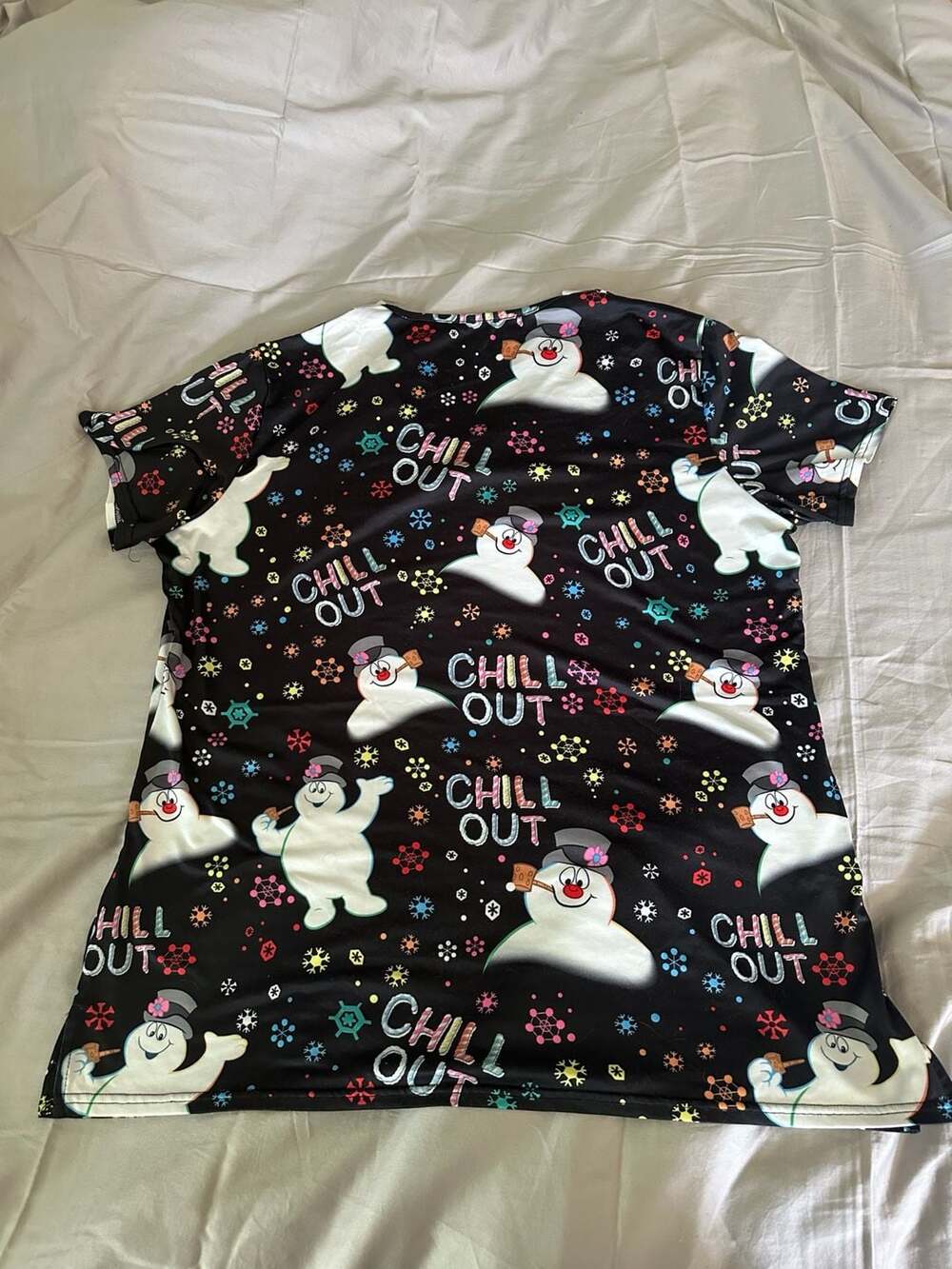 Frosty the Snowman Christmas Print Scrub Top Short Sleeve V-Neck with Pockets